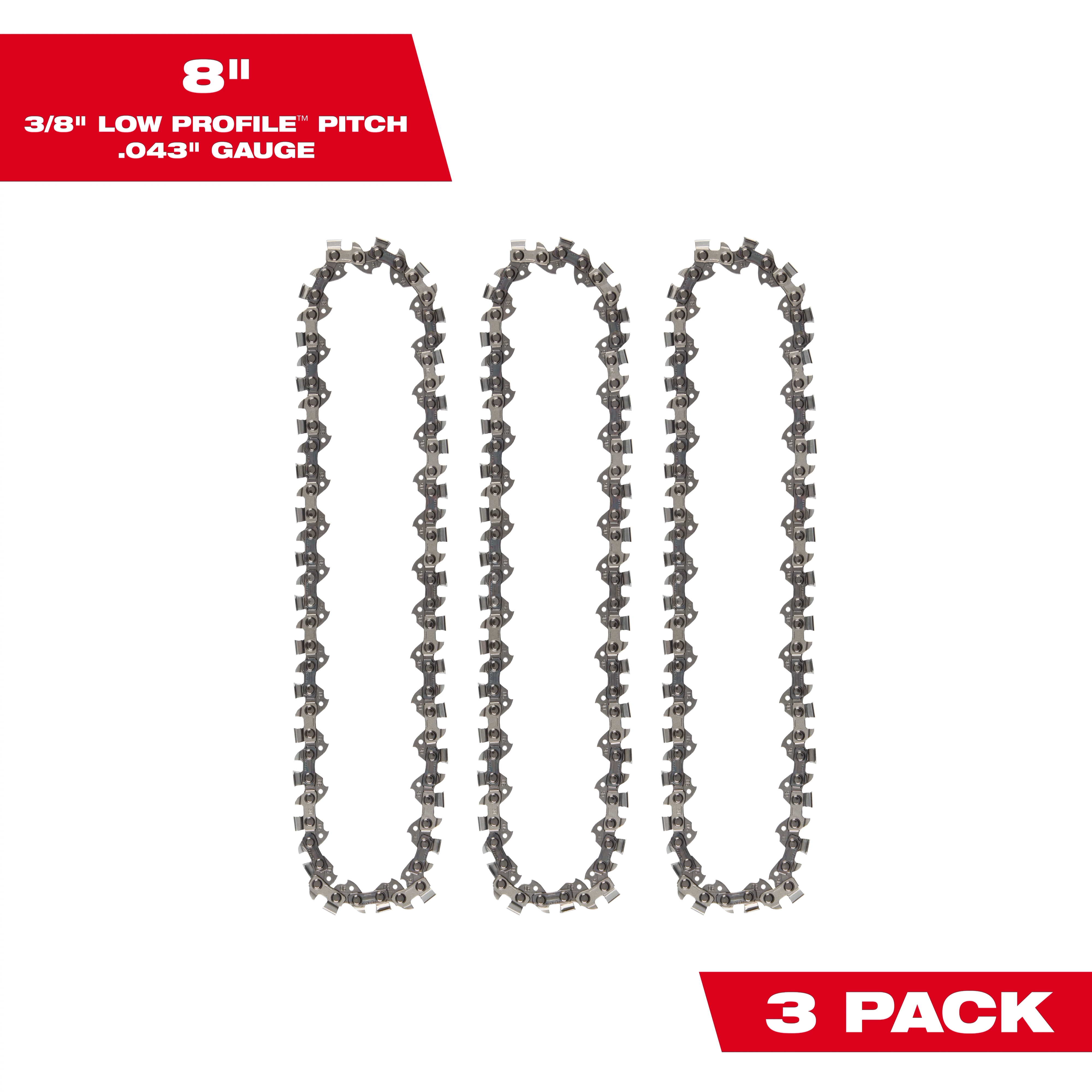 Pack of 3 chains, 8 inches long with a 3/8 inch low profile pitch and a 0.043 inch gauge