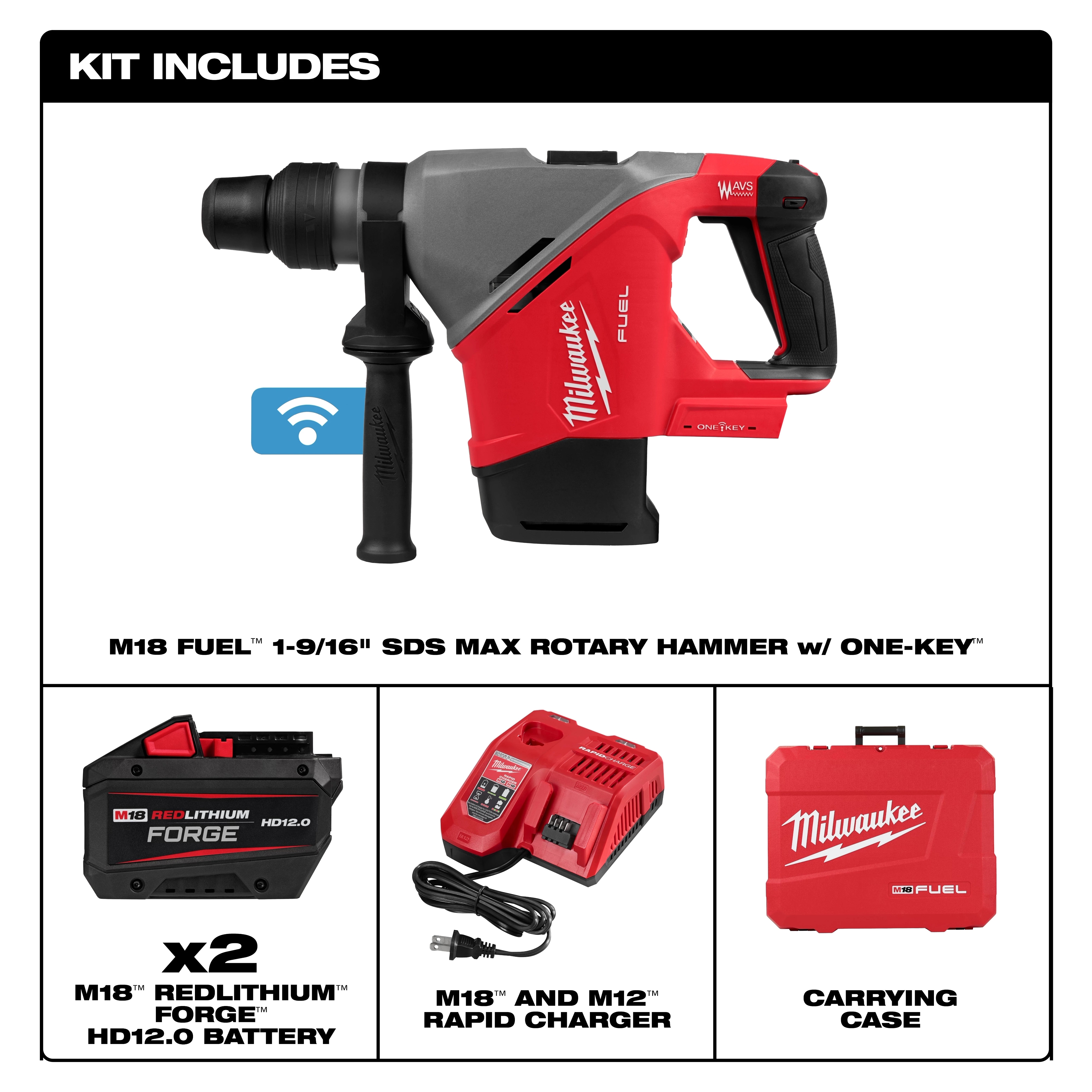 The Milwaukee M18 FUEL 1-9/16" SDS Max Rotary Hammer with ONE-KEY kit includes the hammer, two HD12.0 batteries, charger, and carrying case.