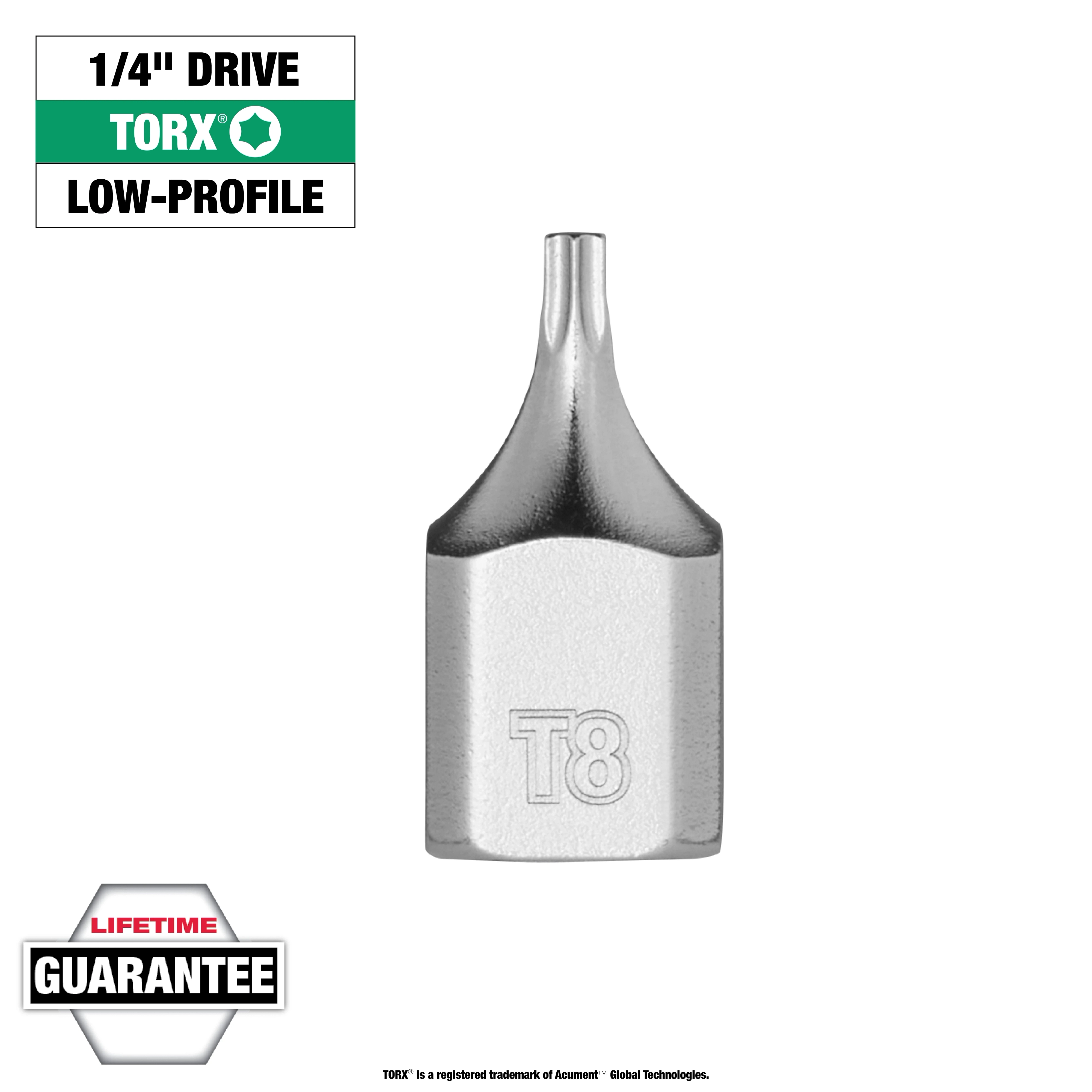 1/4" Drive T8 Low-Profile TORX Bit Socket with T8 marking, lifetime guarantee, square end, and compact design for tight spaces.