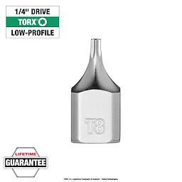 1/4" Drive T8 Low-Profile TORX Bit Socket with T8 marking, lifetime guarantee, square end, and compact design for tight spaces.