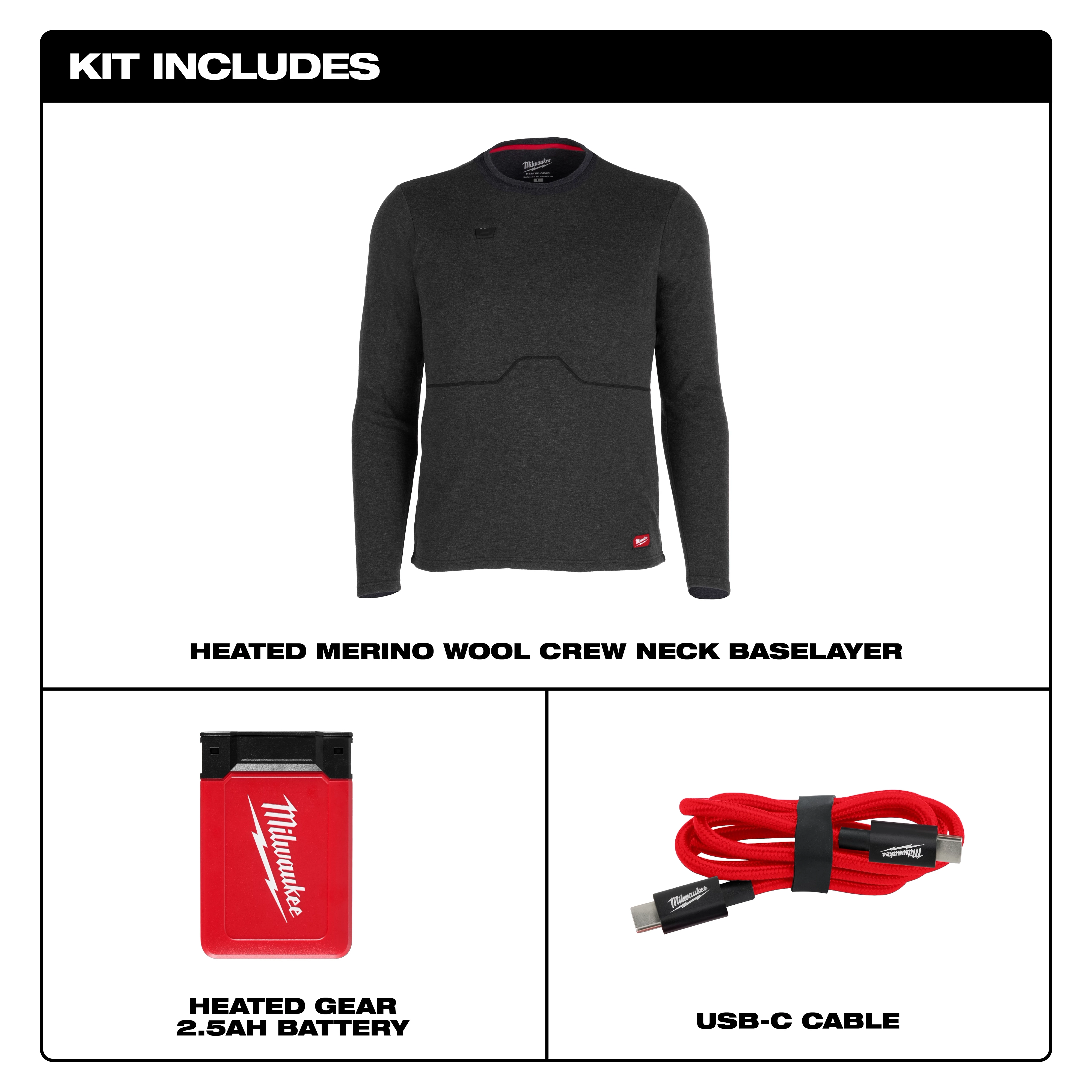 Milwaukee Heated Merino Wool Crew Neck Baselayer with battery and USB-C cable displayed on white background