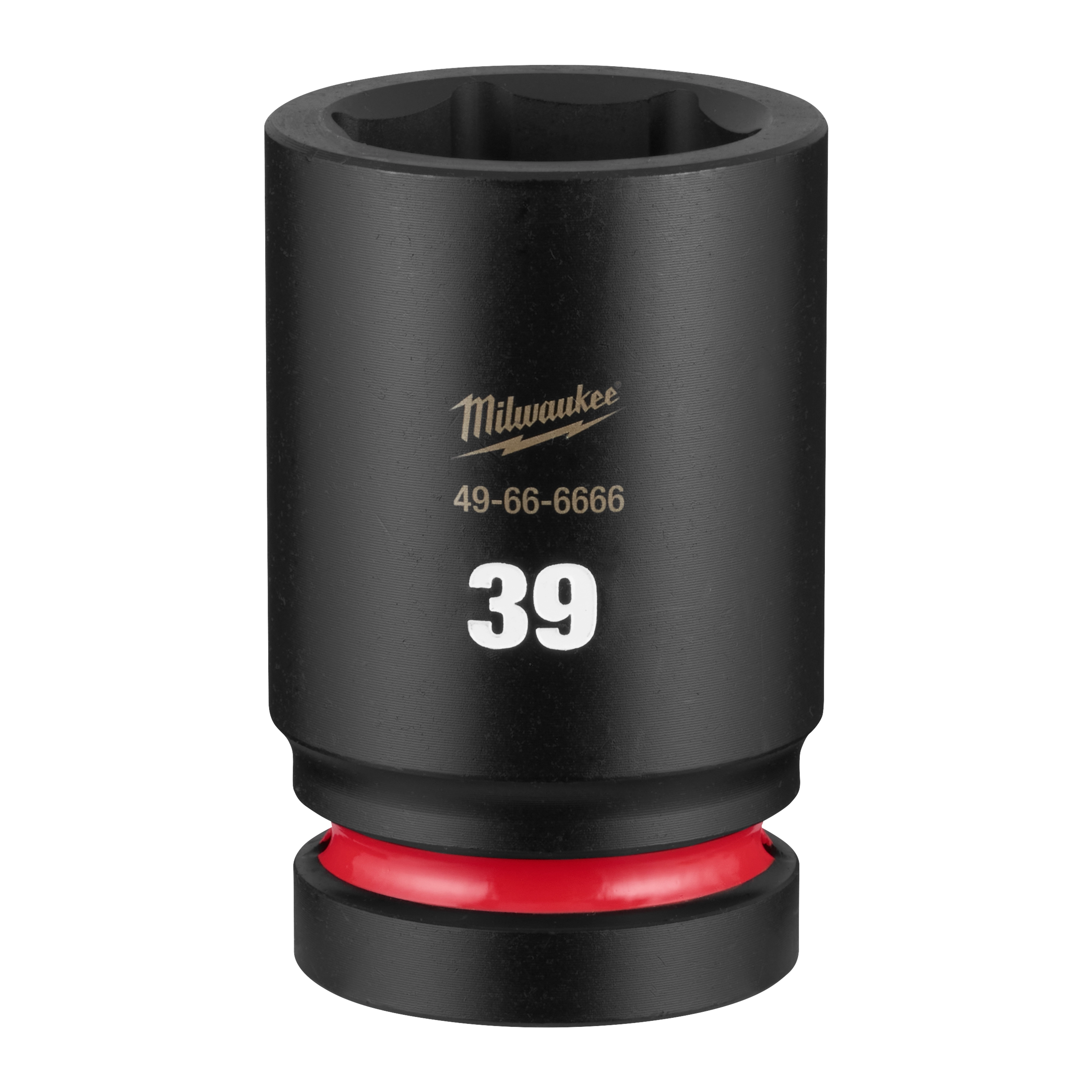 SHOCKWAVE Impact Duty 1" Drive 39mm Deep 6 Point Socket standing upright with 39 marking and red ring near base.