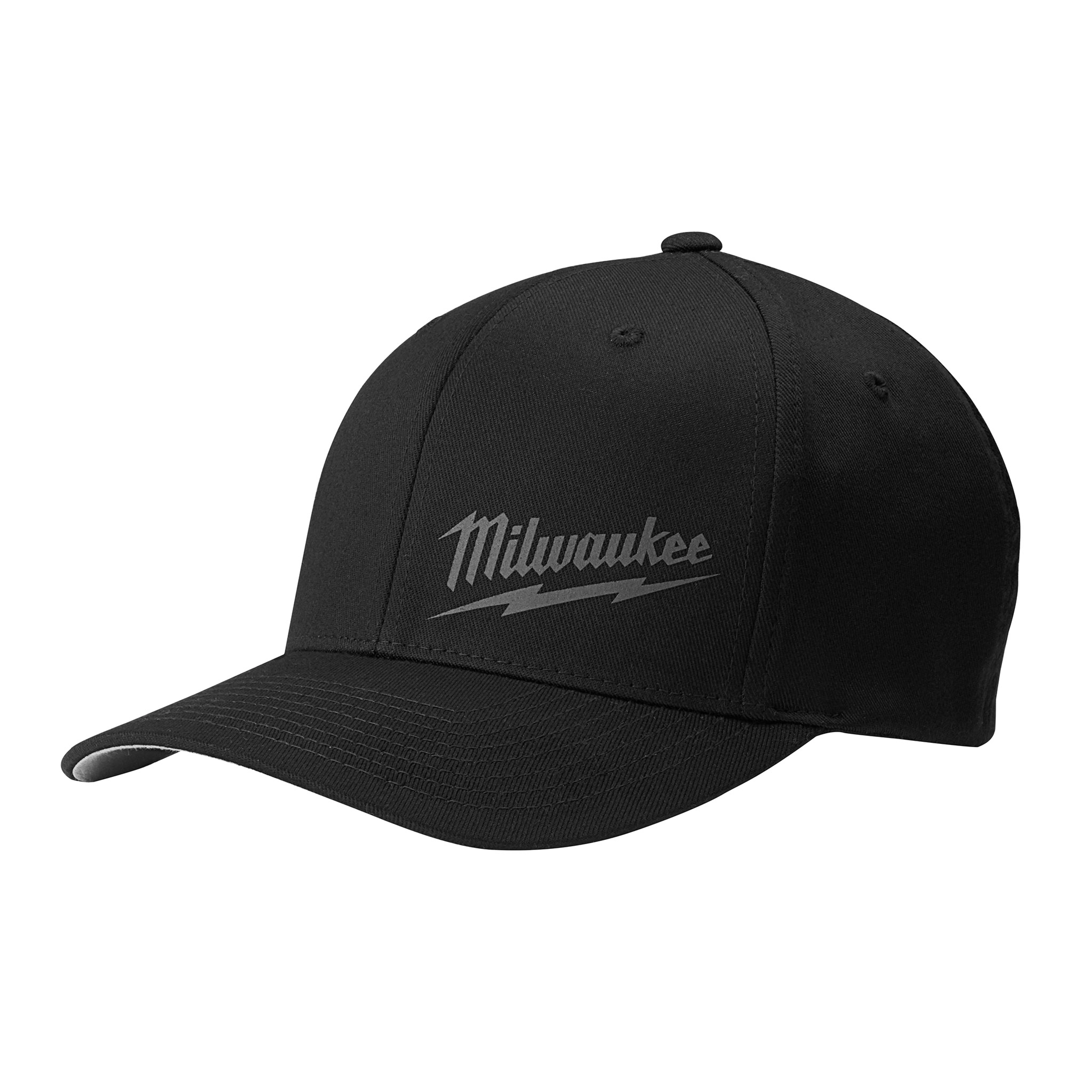 Milwaukee Fitted Hat in black, featuring the Milwaukee logo in gray on the front. The hat has a curved brim and six panels.