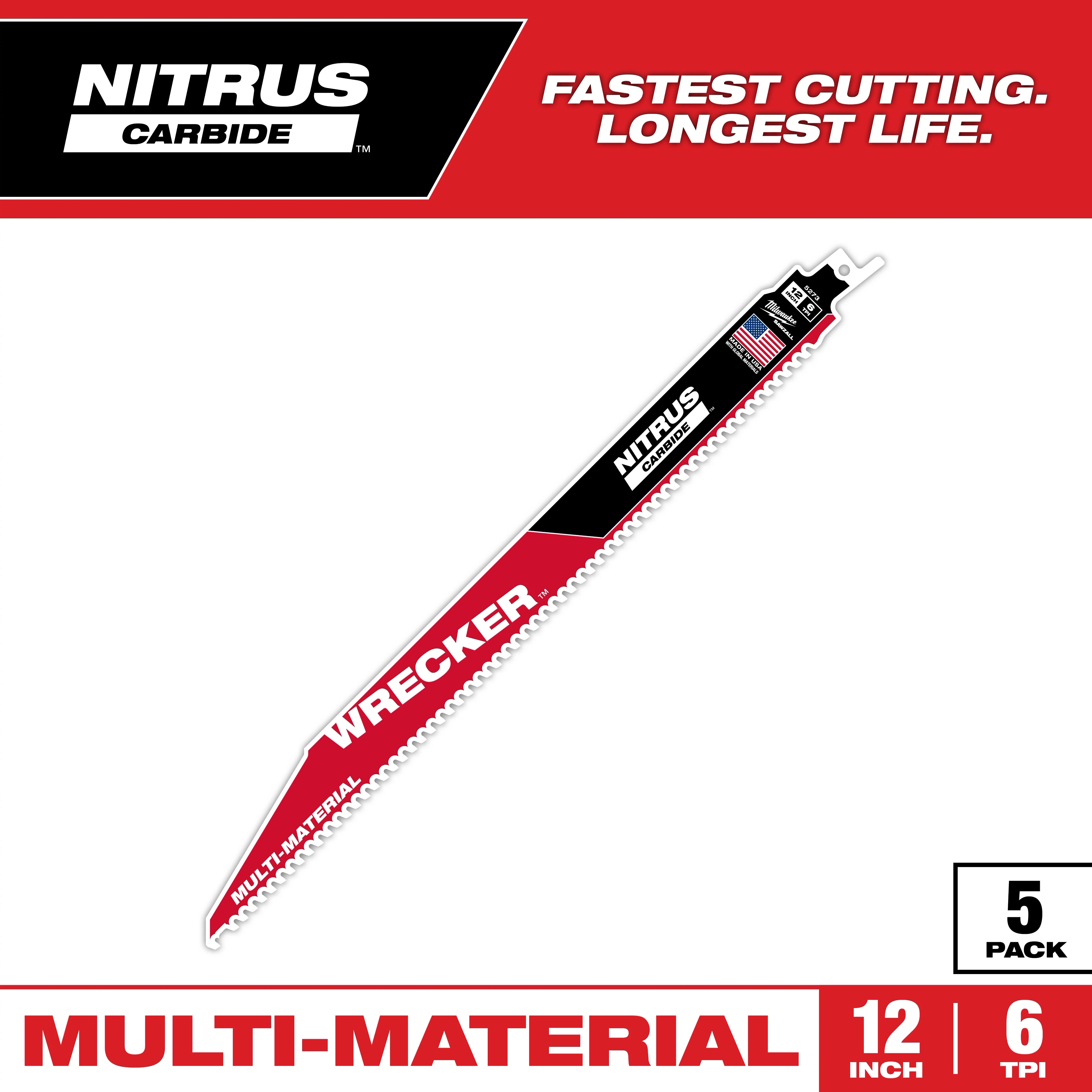Nitrus Carbide Primary Image blade is shown. It features "Wrecker" and "Multi-Material" text in red on a black and white background. The blade measures 12 inches with 6 TPI, sold in packs of five, promising fastest cutting and longest life. American flag and company logo are displayed.