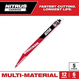 Nitrus Carbide Primary Image blade is shown. It features "Wrecker" and "Multi-Material" text in red on a black and white background. The blade measures 12 inches with 6 TPI, sold in packs of five, promising fastest cutting and longest life. American flag and company logo are displayed.