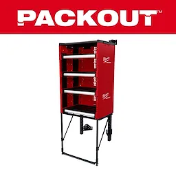 PACKOUT™ Rack Kit by Milwaukee is a red storage rack with black accents, featuring four adjustable shelves and a sturdy frame. The rack is designed for tools and equipment organization. The Milwaukee logo is visible on the side panels, and it can be mounted on walls or other surfaces.