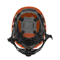 BOLT™ Safety Orange Safety Helmet with 4-point Ratcheting Suspension, viewed from the inside. It features a series of black straps and a padded mesh cushion for better fit and comfort. The helmet is designated Type 2, Class E for optimal protection in various work environments.