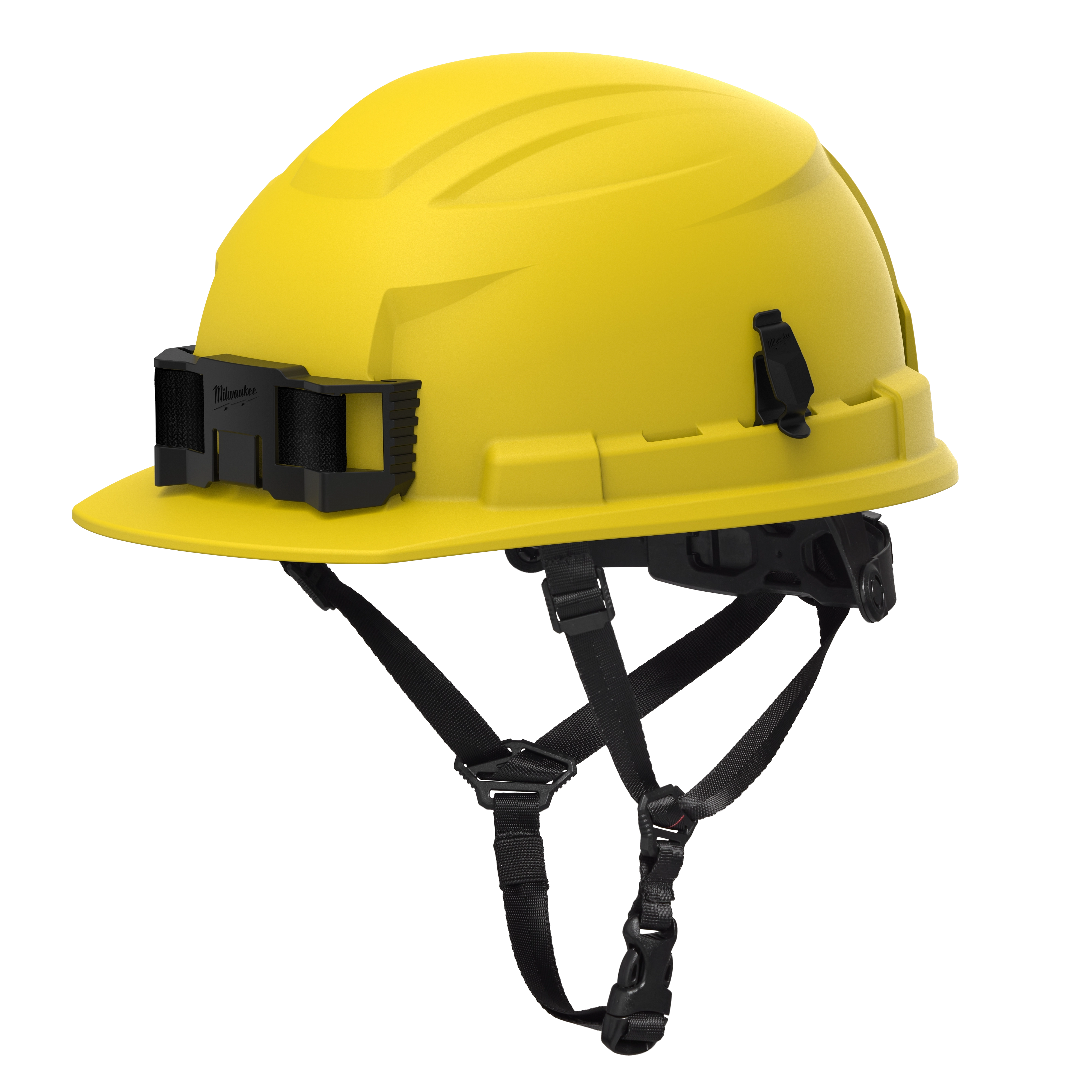 BOLT™ Yellow Front Brim Safety Helmet features a 4-point ratcheting suspension system. This Type 2, Class E helmet provides enhanced protection and comfort. The bright yellow color improves visibility, and the helmet includes a headlamp attachment for added functionality. Adjustable straps ensure secure fit during use.