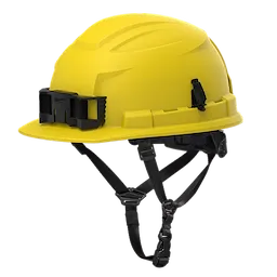 BOLT™ Yellow Front Brim Safety Helmet features a 4-point ratcheting suspension system. This Type 2, Class E helmet provides enhanced protection and comfort. The bright yellow color improves visibility, and the helmet includes a headlamp attachment for added functionality. Adjustable straps ensure secure fit during use.