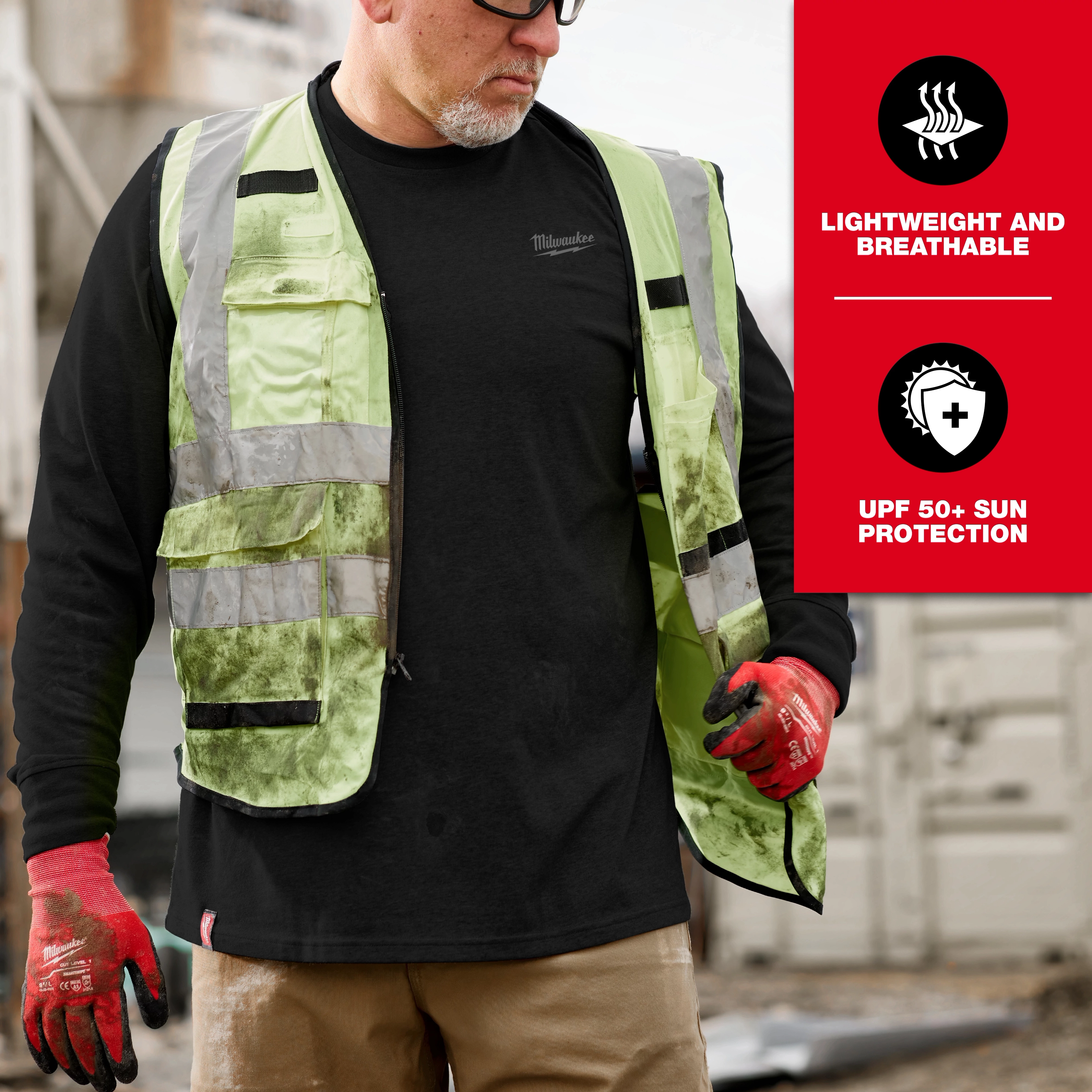 Freeflex Hybrid Work Tee - Long Sleeve being worn under a dirty reflective vest. Lightweight, breathable, with UPF 50+ sun protection.