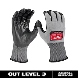 Cut Level 3 High-Dexterity Polyurethane Dipped Gloves are grey with black palms and fingers, and feature an ANSI Cut Level A3 rating.