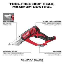 Milwaukee M18 18 Gauge Double Cut Shear Walkaround Bare Tool with rotating head, variable speed trigger, ergonomic design, and belt hook.