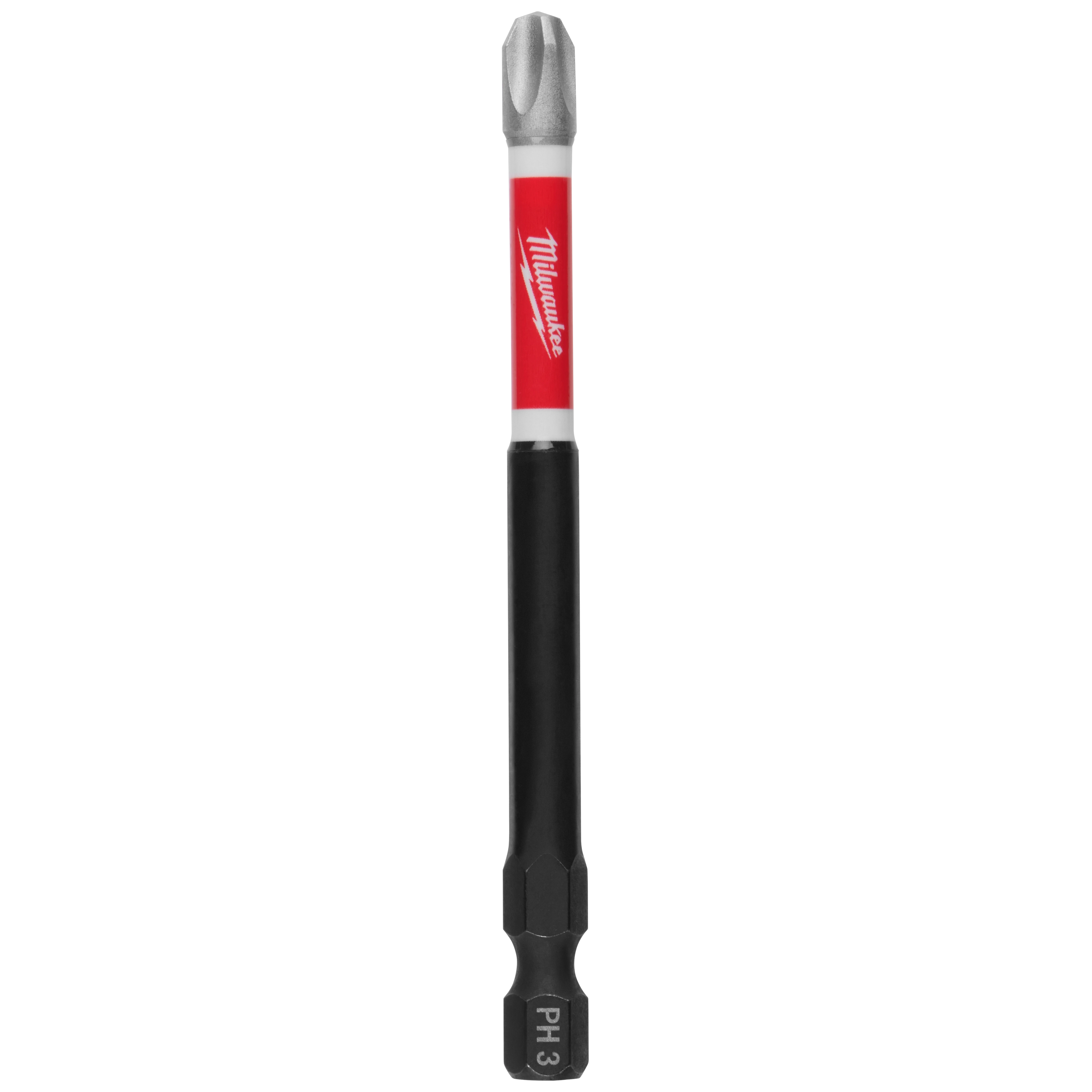The image shows a SHOCKWAVE™ 3-1/2" Phillips #3 89mm Power Bit. The bit has a silver tip, a red and white midsection with the Milwaukee logo, and a black lower section labeled "PH3".