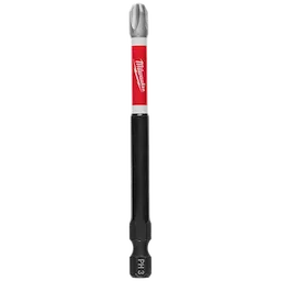 The image shows a SHOCKWAVE™ 3-1/2" Phillips #3 89mm Power Bit. The bit has a silver tip, a red and white midsection with the Milwaukee logo, and a black lower section labeled "PH3".