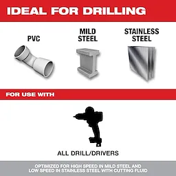 Cobalt%20Step%20Bits are ideal for drilling through PVC, mild steel, and stainless steel. Suitable for use with all drill/drivers, these bits are optimized for high speed in mild steel and low speed with cutting fluid in stainless steel.