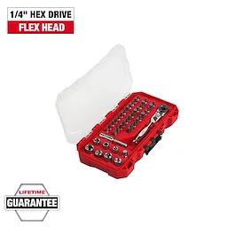 44pc. 1/4” Hex Drive Mini Flex Head Ratchet & Bit Set in an open red case with assorted bits and sockets.