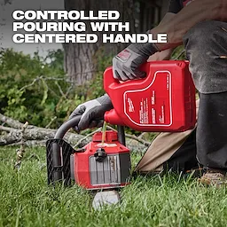 A person wearing gloves pours Milwaukee Tool All-Season Bar and Chain Oil from a red container into a chainsaw. Text on the image reads, "Controlled pouring with centered handle."