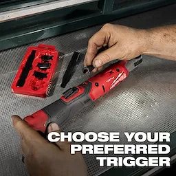 The M12 FUEL™ Ratchet Modular Trigger Cap Kit allows customization of the ratchet trigger with various detachable caps. A hand is seen changing the trigger cap on the ratchet, while several trigger caps are shown in a red tray. Text reads, "Choose your preferred trigger."