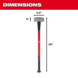8 lb Sledge Hammer with 36" handle. Dimensions: 6.5" width, 2" height of the hammerhead. Handle features a red and black design.