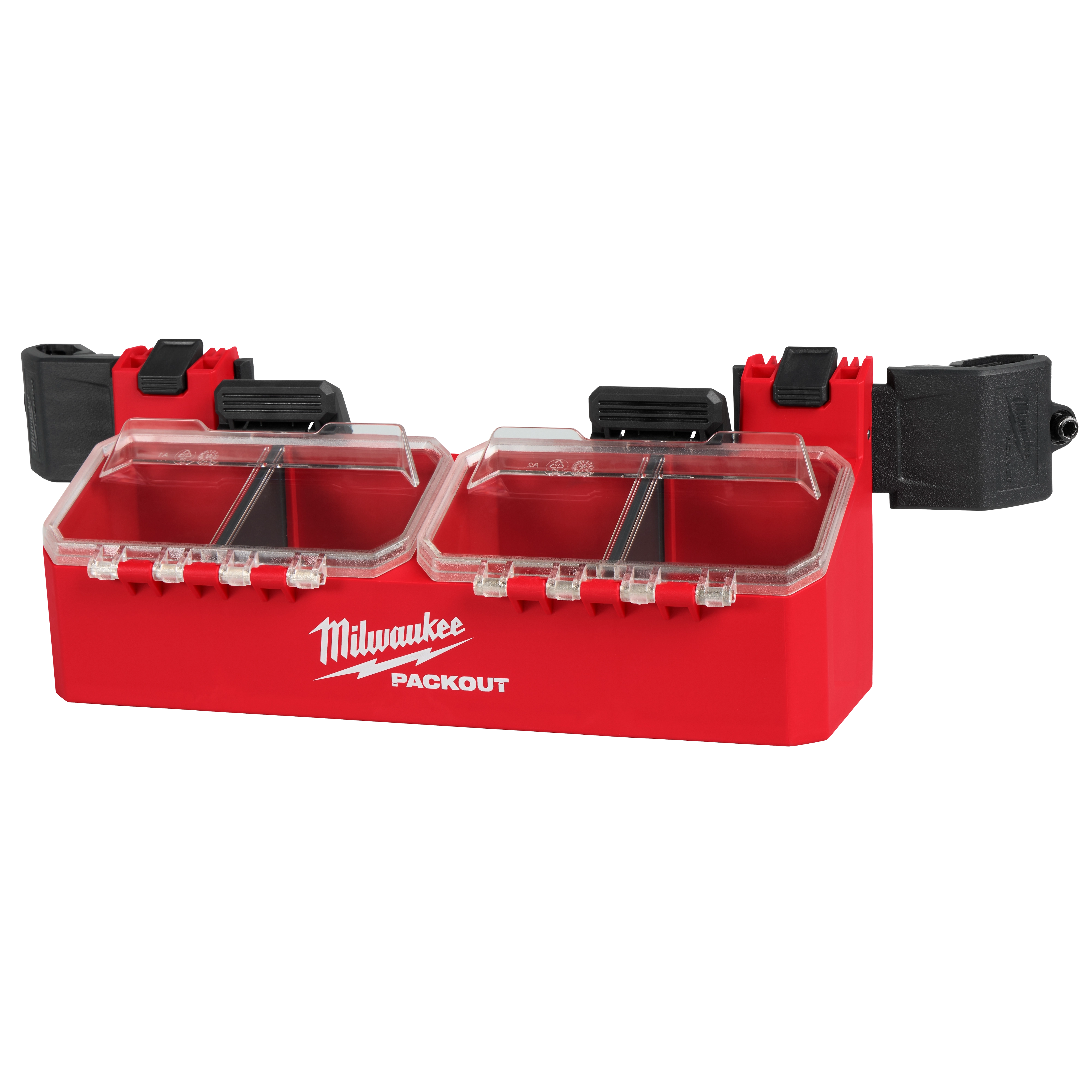 The PACKOUT Tool Box 2-Bin Attachment is a red portable storage unit with two clear-lidded bins for organizing tools and accessories.