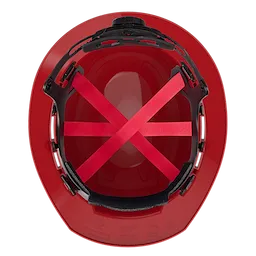 The BOLT Red Full Brim Hard Hat w/6pt Ratcheting Suspension (USA) - Type 1, Class E offers a top-down view detailing its internal ratcheting suspension system with red cross straps. The suspension is adjustable for a secure and comfortable fit.