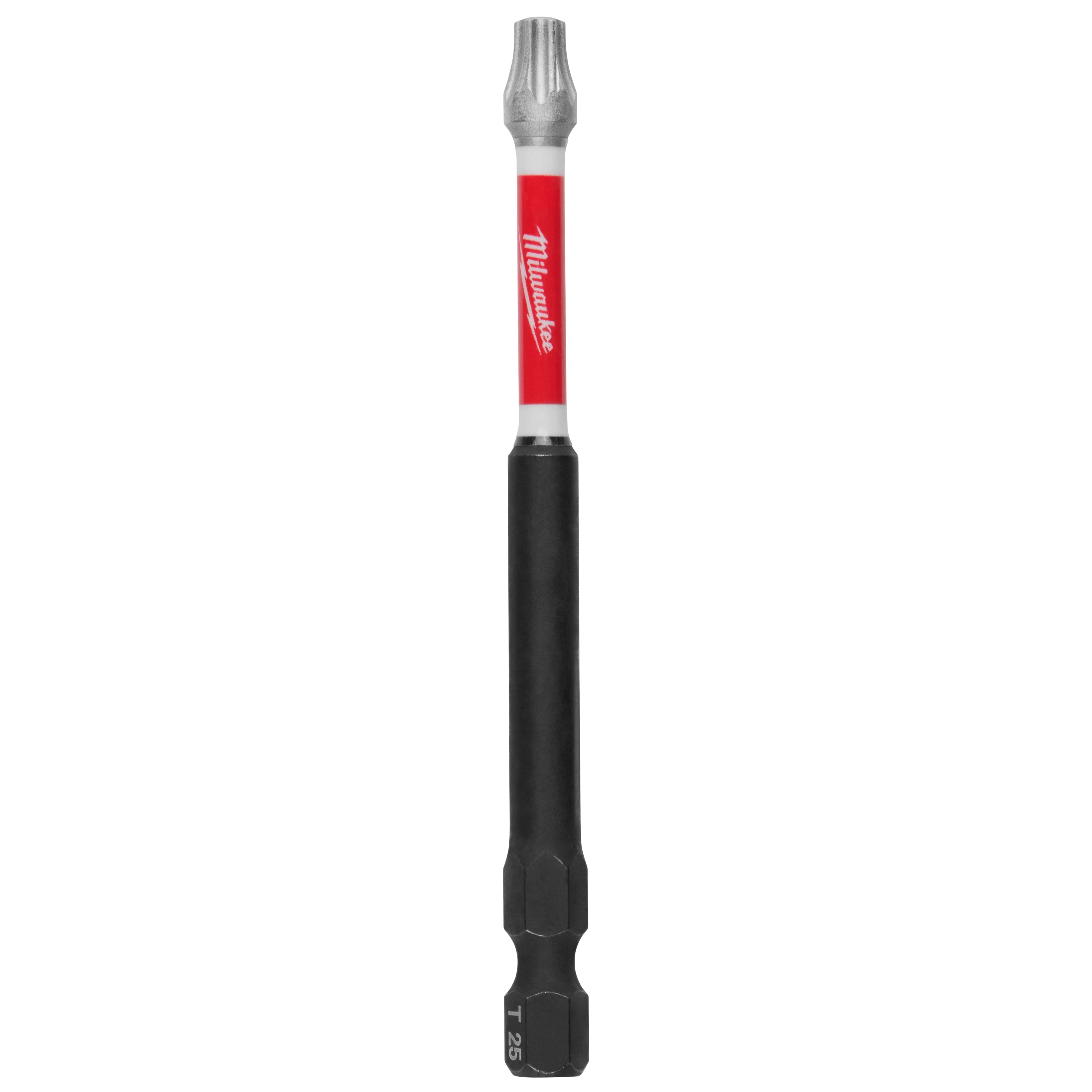 The image shows a SHOCKWAVE™ 3-1/2" Impact Duty TORX® T25 Power Bit by Milwaukee. It has a silver tip, a red and white body with the Milwaukee logo, and a black base with a hexagonal shape.