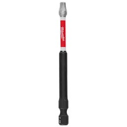The image shows a SHOCKWAVE™ 3-1/2" Impact Duty TORX® T25 Power Bit by Milwaukee. It has a silver tip, a red and white body with the Milwaukee logo, and a black base with a hexagonal shape.