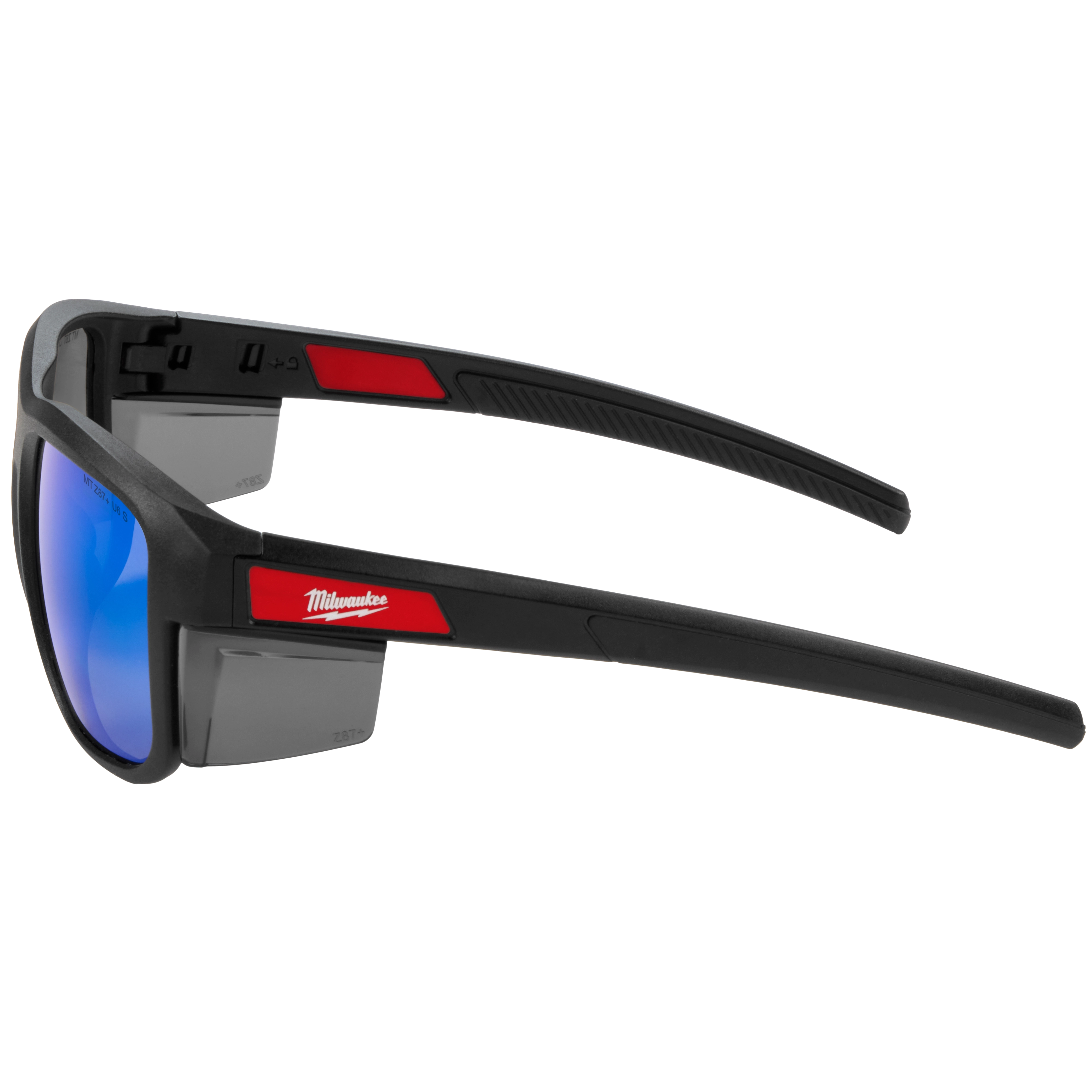 Full Frame Safety Glasses with Removable Side Shields feature blue mirrored anti-scratch lenses. The glasses have a sleek black frame with red accents and offer additional protection with detachable gray side shields.