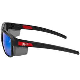 Full Frame Safety Glasses with Removable Side Shields feature blue mirrored anti-scratch lenses. The glasses have a sleek black frame with red accents and offer additional protection with detachable gray side shields.