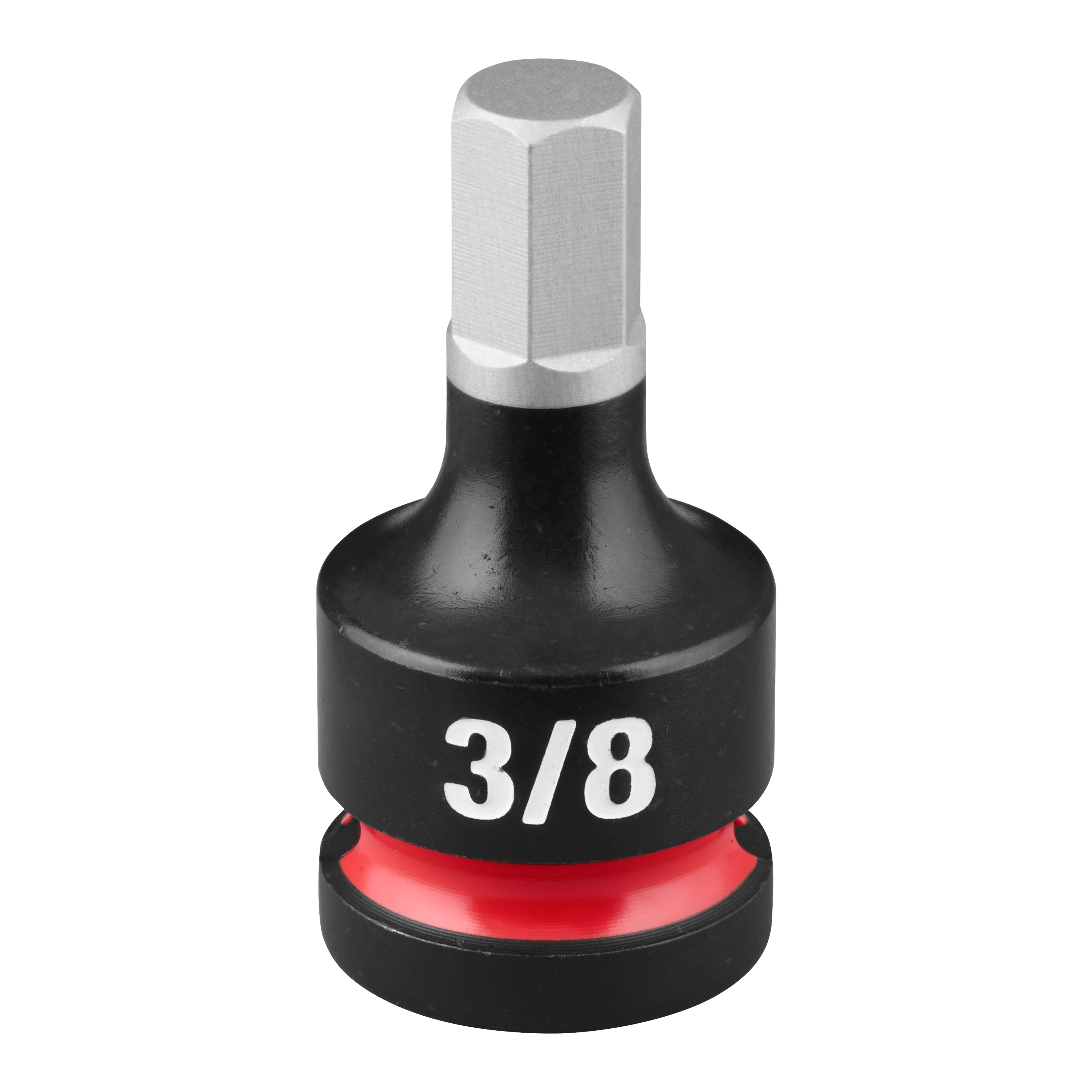 SHOCKWAVE Impact Duty 1/2" Drive 2" Hex 3/8" Bit Socket standing upright with 3/8 marking and red ring.