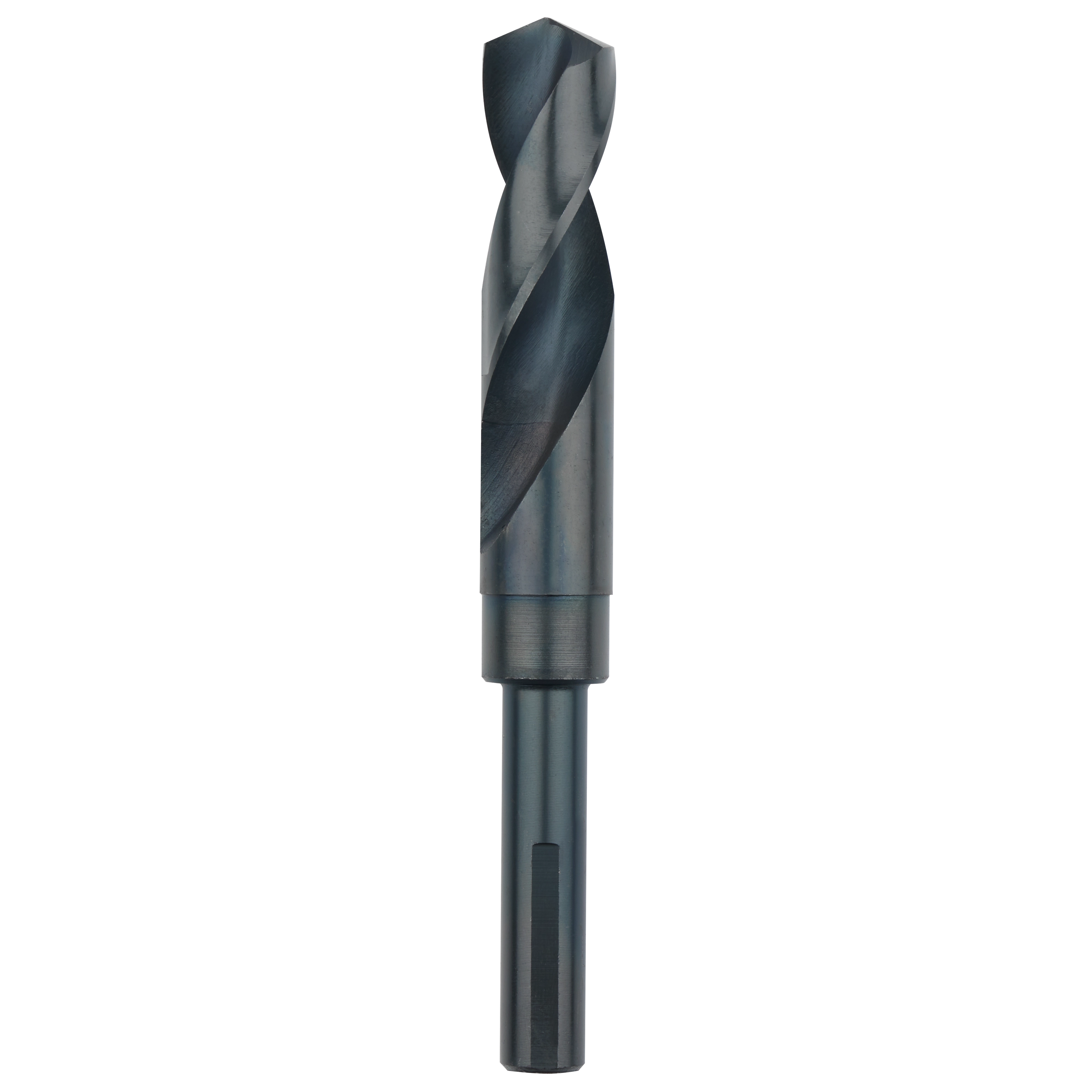 Close-up of a 25/32" S&D black oxide drill bit featuring a spiral design and cylindrical shank for efficient drilling.