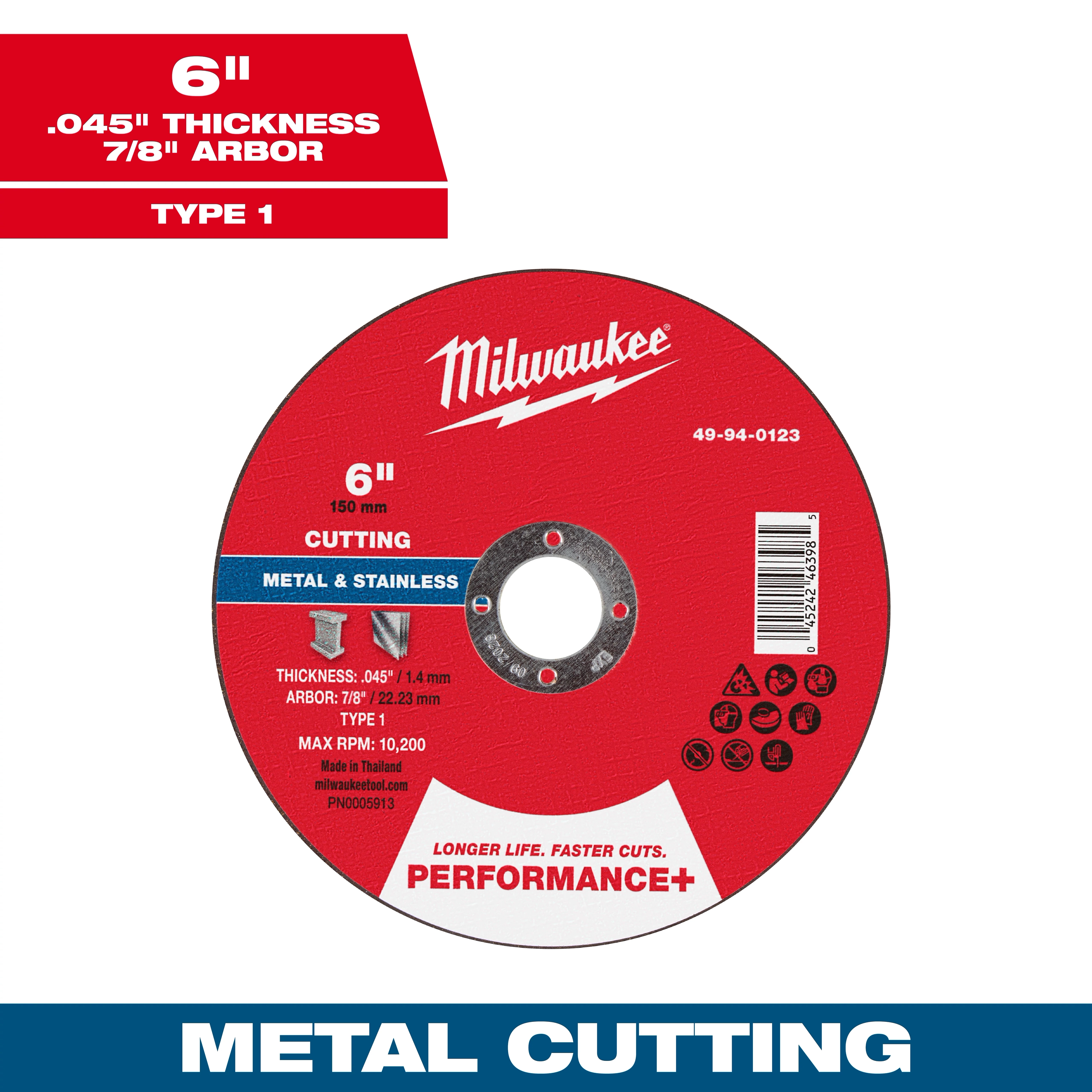 6" x .045" x 7/8" Performance+ Metal Cut Off Wheel Type 1 for cutting metal and stainless steel, with max RPM 10,200.
