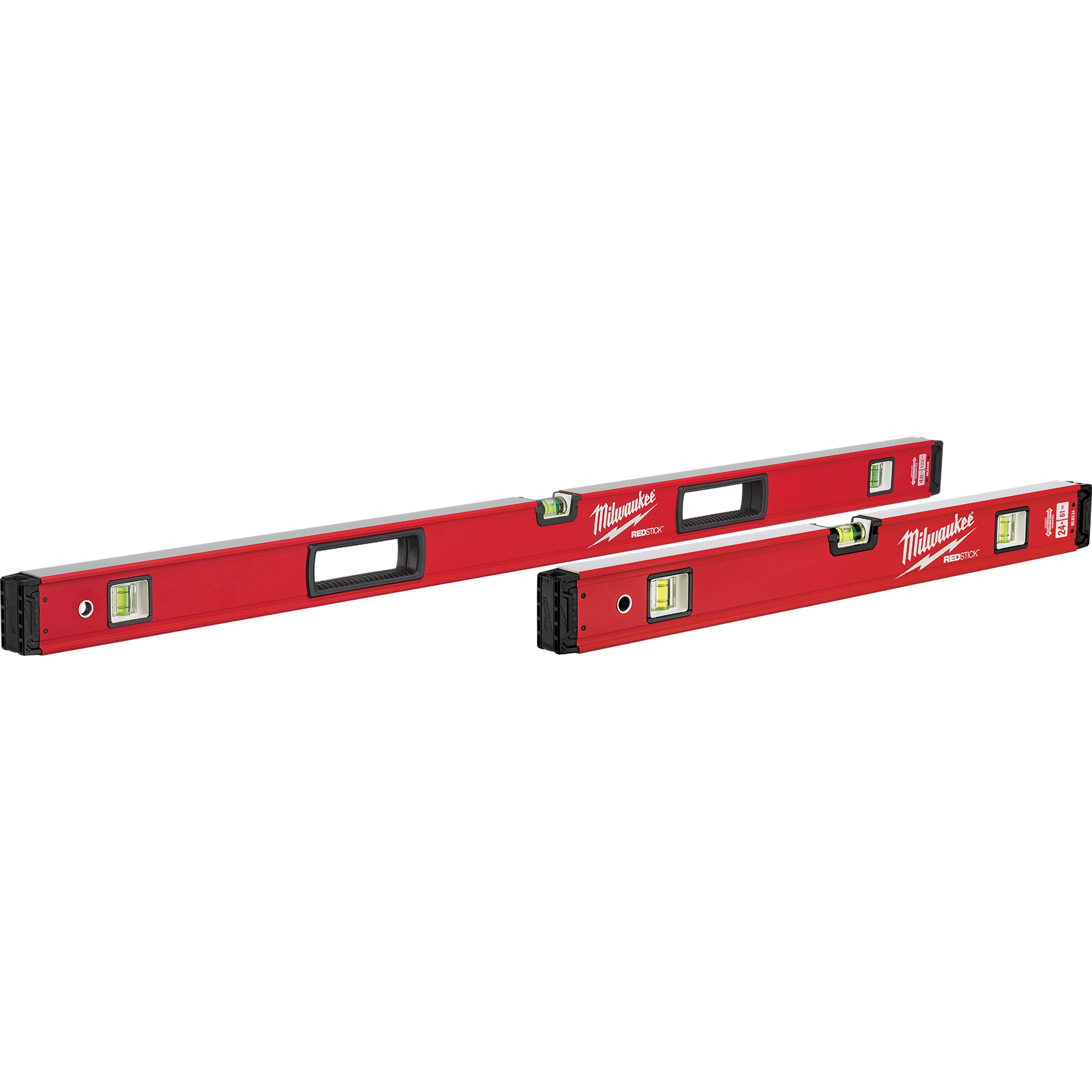 Three red Milwaukee REDSTICK levels of different lengths are aligned diagonally. Each level has a black handle and yellow bubble vials.