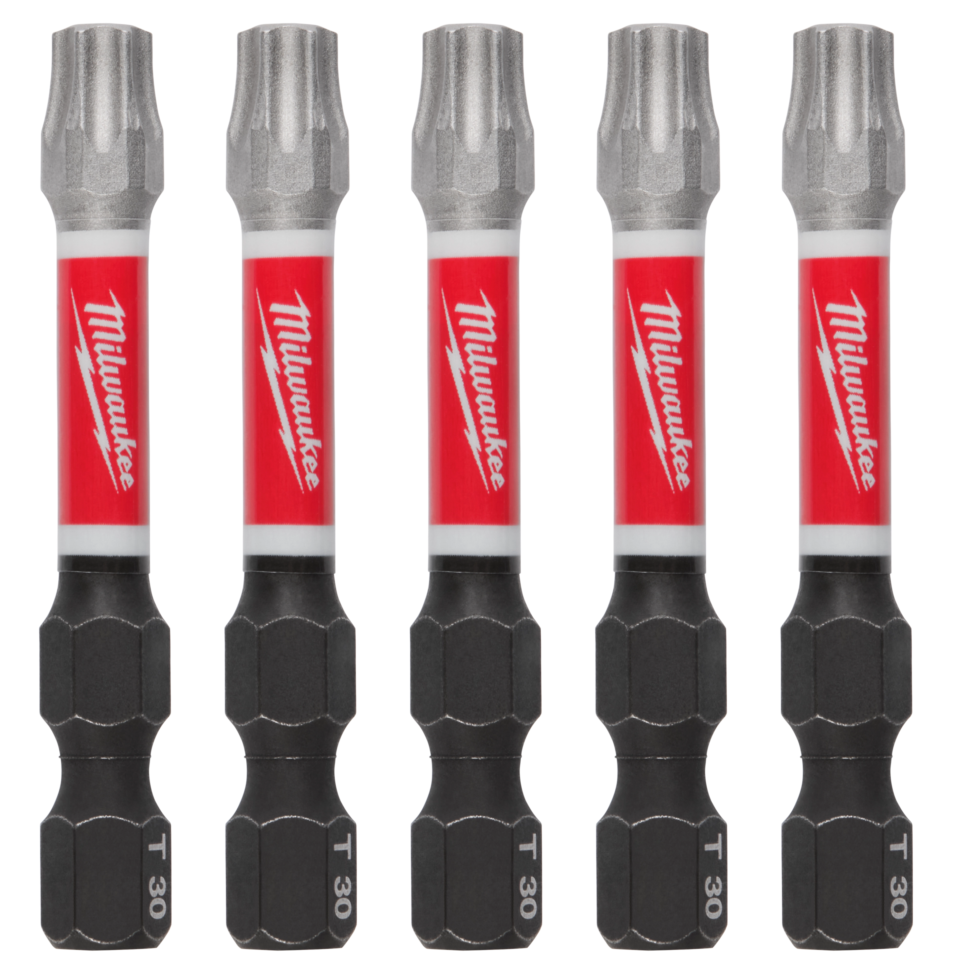 The image shows five Milwaukee T30 torx bits arranged vertically in a row. The bits have a red label in the middle, featuring the Milwaukee logo, and metallic ends for screw driving.