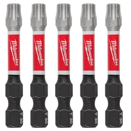 The image shows five Milwaukee T30 torx bits arranged vertically in a row. The bits have a red label in the middle, featuring the Milwaukee logo, and metallic ends for screw driving.