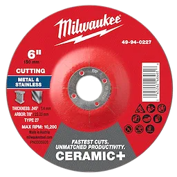 6" x .045" x 7/8" Ceramic+ Metal Cut Off Wheel - Type 27 for cutting metal and stainless steel. Red disc with specifications.