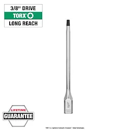 Quarter-inch drive T30 long TORX bit socket with a long reach design and lifetime guarantee shown against a white background.