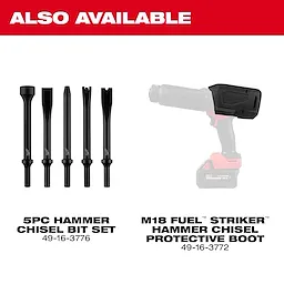 M18 FUEL STRIKER Hammer Chisel accessories including 5pc hammer chisel bit set and protective boot displayed on white background.