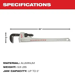 The Milwaukee 36-inch Aluminum Pipe Wrench is 6 inches tall with a jaw capacity of up to 5 inches. It weighs 9.8 pounds and is made of aluminum.