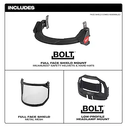 BOLT Full Face Shield - Metal Mesh includes a full face shield mount for helmets and hard hats, mesh shield, and low-profile headlamp mount.