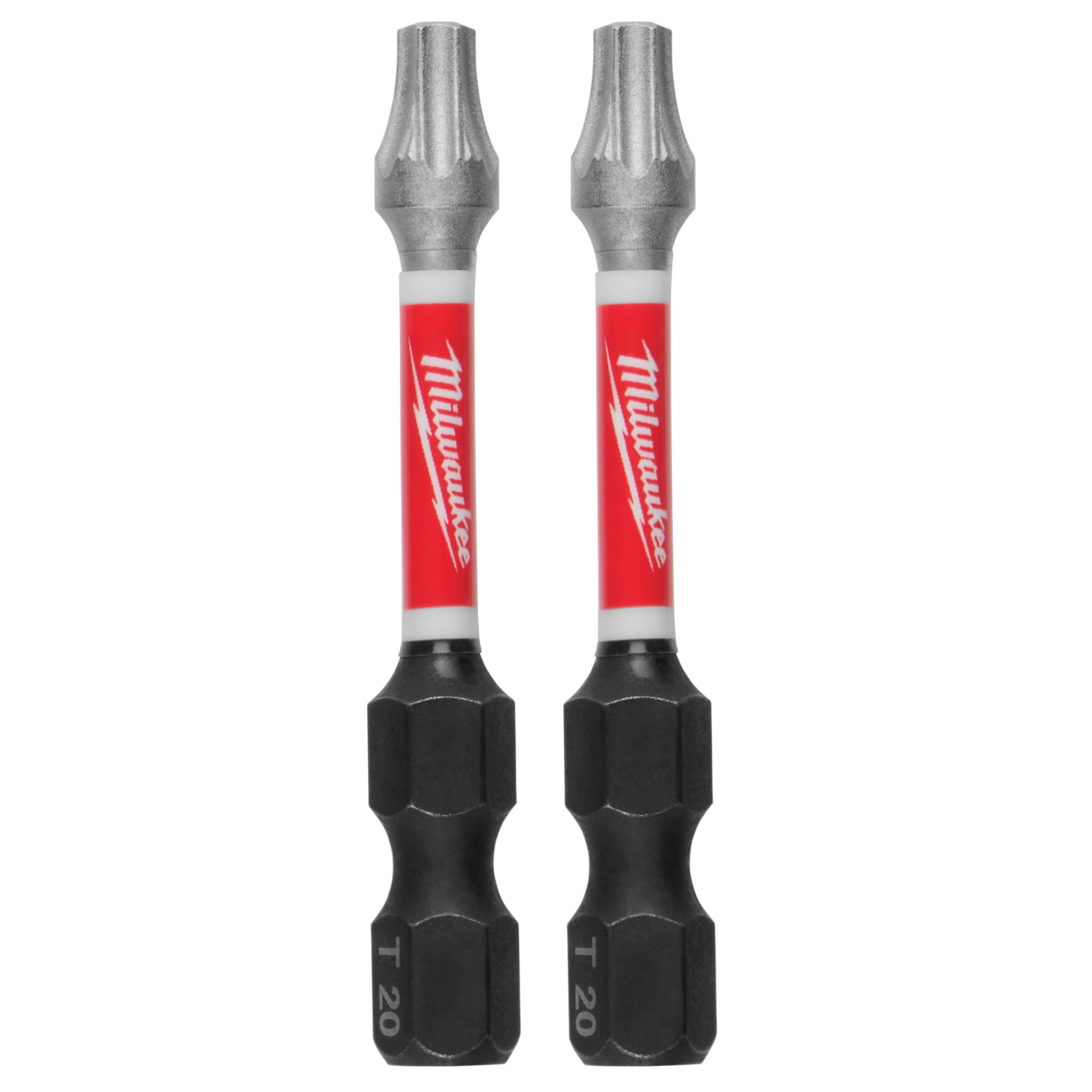 The image shows two SHOCKWAVE™ 2" Impact Duty TORX® T20 Power Bits (2 PK) by Milwaukee. The bits have a red and black design with the Milwaukee logo and are labeled "T 20" at the base.