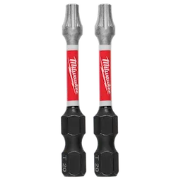 The image shows two SHOCKWAVE™ 2" Impact Duty TORX® T20 Power Bits (2 PK) by Milwaukee. The bits have a red and black design with the Milwaukee logo and are labeled "T 20" at the base.