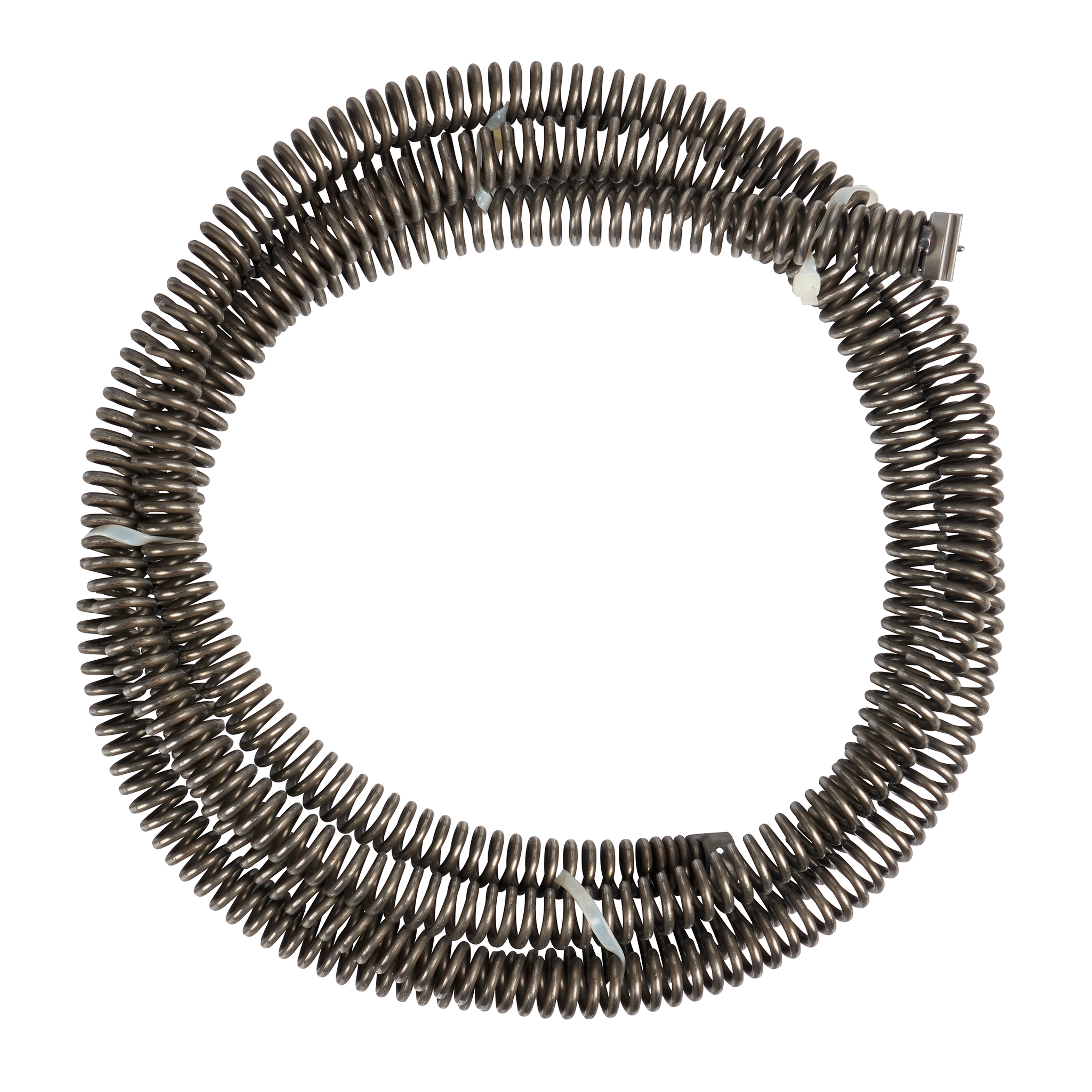 The 1-1/4" x 15' Heavy Duty Open Wind Sectional Cable is a coiled, durable, metal cable designed for plumbing purposes. It appears in a circular shape, ready for use in cleaning drains or sewers.