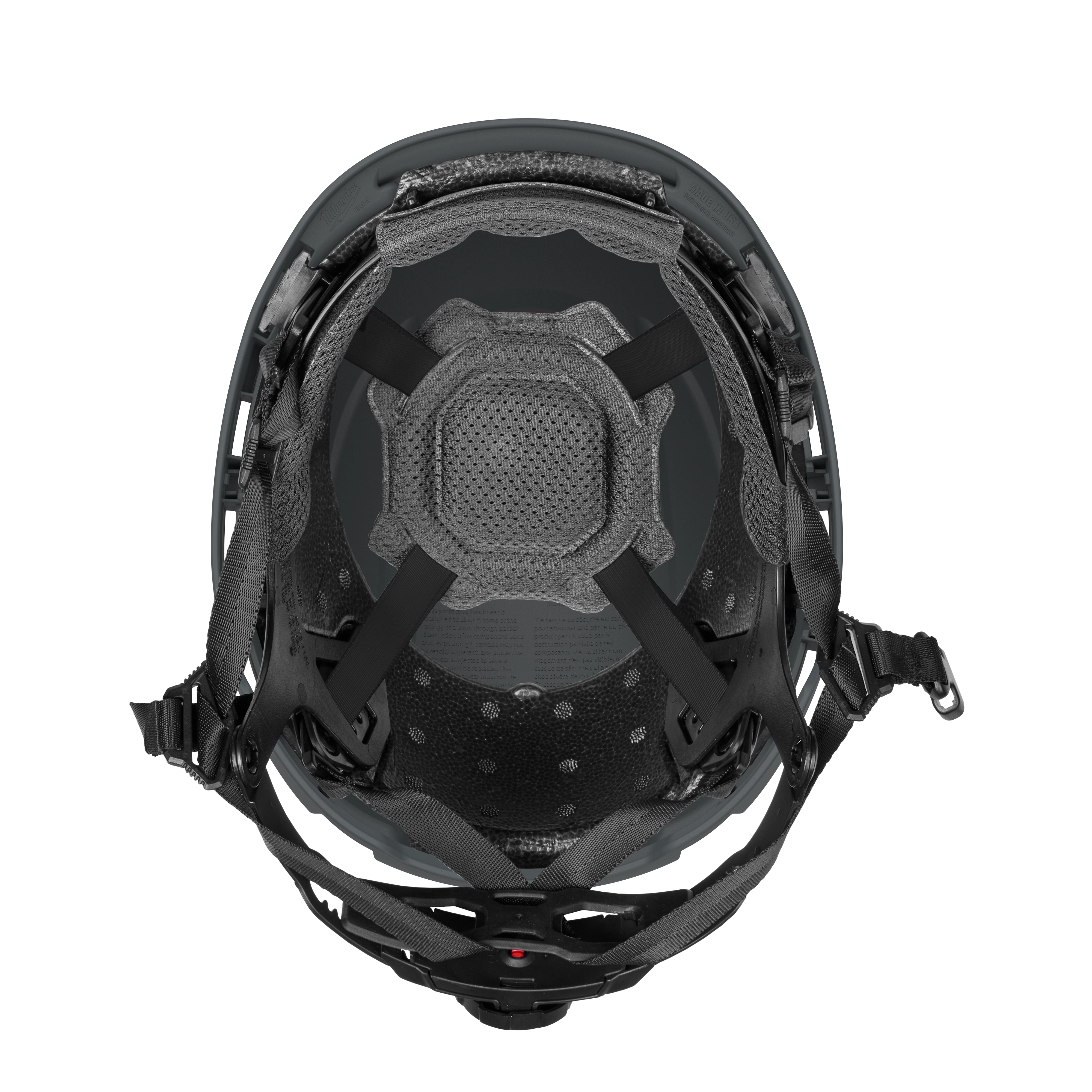 BOLT™ Grey Safety Helmet with 4-point Ratcheting Suspension – Type 2, Class E, primarily seen from the interior view showcasing the harness system designed for secure head protection and comfort, featuring black straps and a padded support.