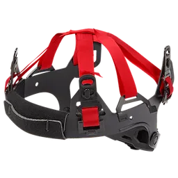 The 6-Point Ratcheting Suspension features a black and red adjustable framework designed to fit inside a hard hat, providing enhanced support and comfort. The product includes red straps and an adjustable ratchet for a secure fit.
