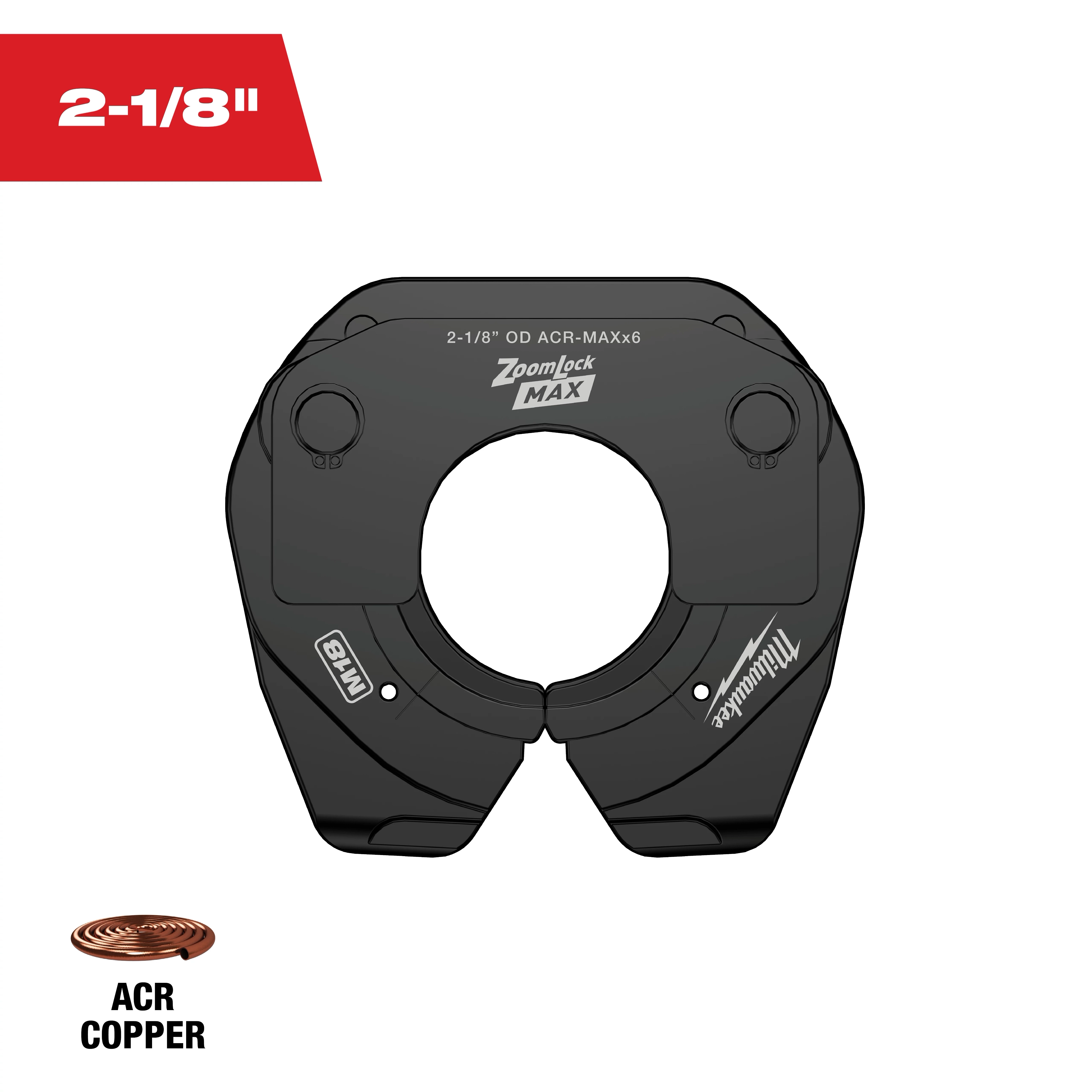 The 2-1/8" ZoomLock MAX® & MaxiPro® Pivoting Press Ring is a black tool designed for pressing copper fittings. It features an open circular design with two button-like structures and is labeled for ACR copper usage.