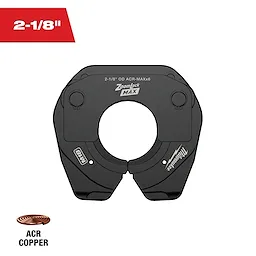 The 2-1/8" ZoomLock MAX® & MaxiPro® Pivoting Press Ring is a black tool designed for pressing copper fittings. It features an open circular design with two button-like structures and is labeled for ACR copper usage.