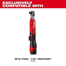 The image features the M12 FUEL™ ½” Ratchet Protective Boot in red and black. It is designed to exclusively fit the M12 FUEL™ ½” Ratchet, model number 3054, providing protection and durability for the tool.