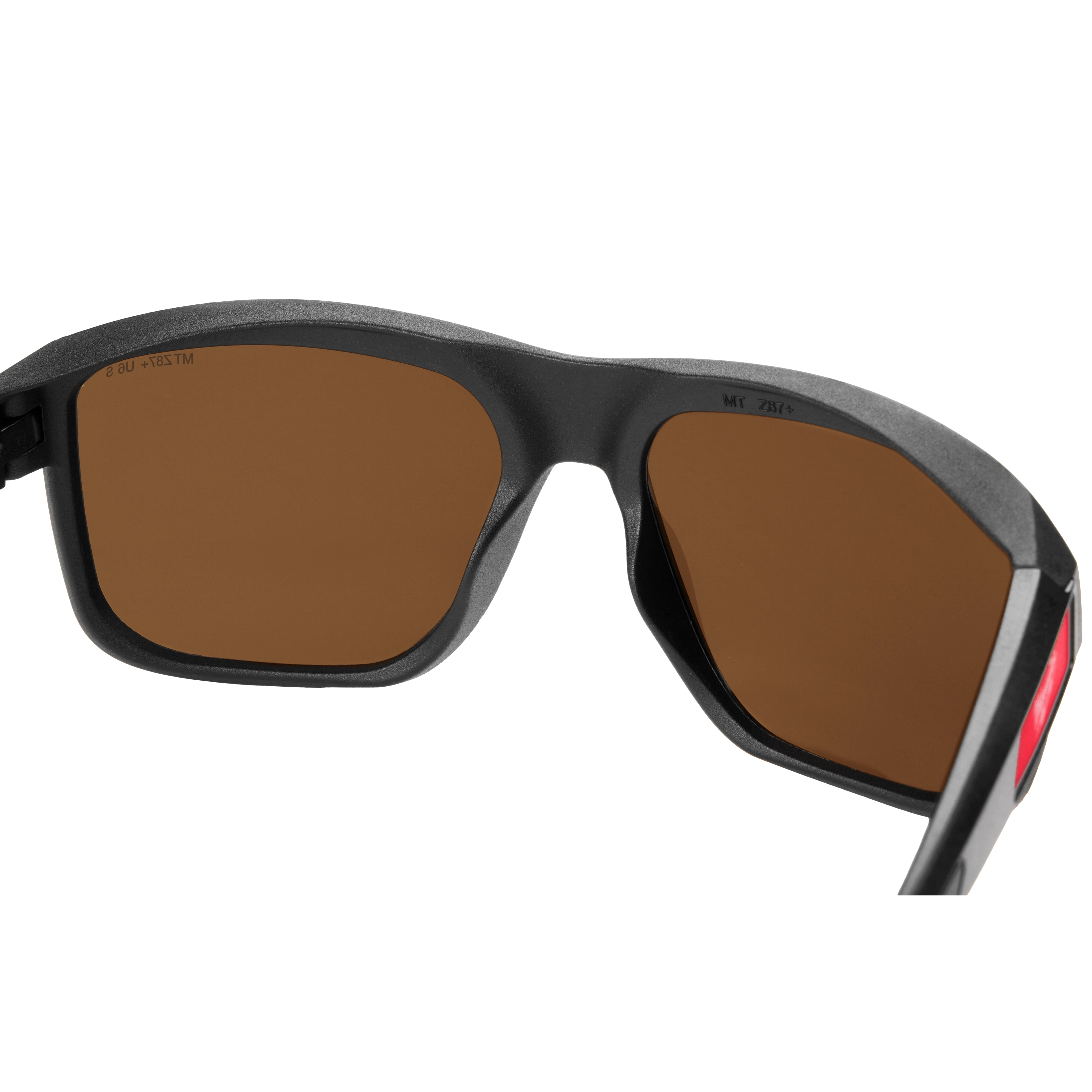 Full Frame Safety Glasses with Removable Side Shields feature brown anti-scratch lenses. The glasses present a sturdy black frame with detachable red side shields, ensuring enhanced eye protection.