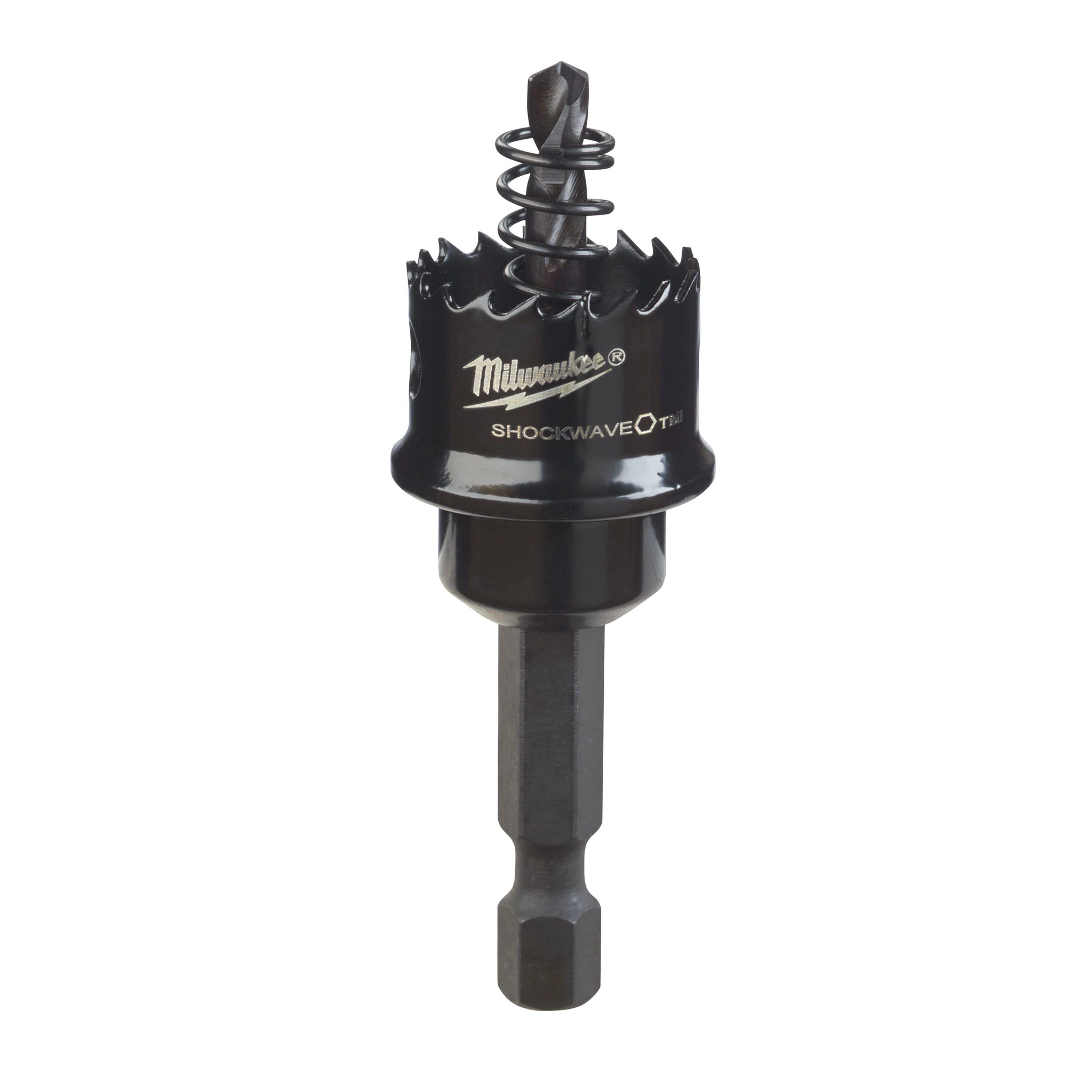 Milwaukee Shockwave One-Step Hole Saw with spring-loaded pilot bit and hex shank.